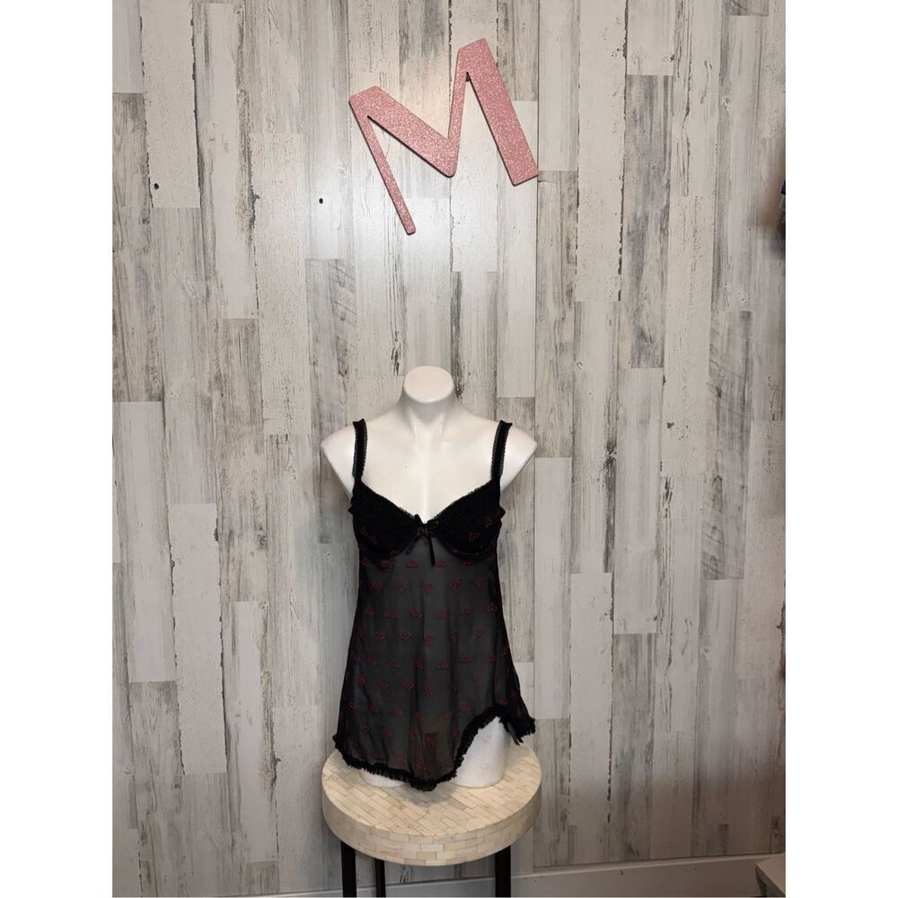 Native Intimates Black Sheer Babydoll Lingerie with Red Heart Embroidery – Size